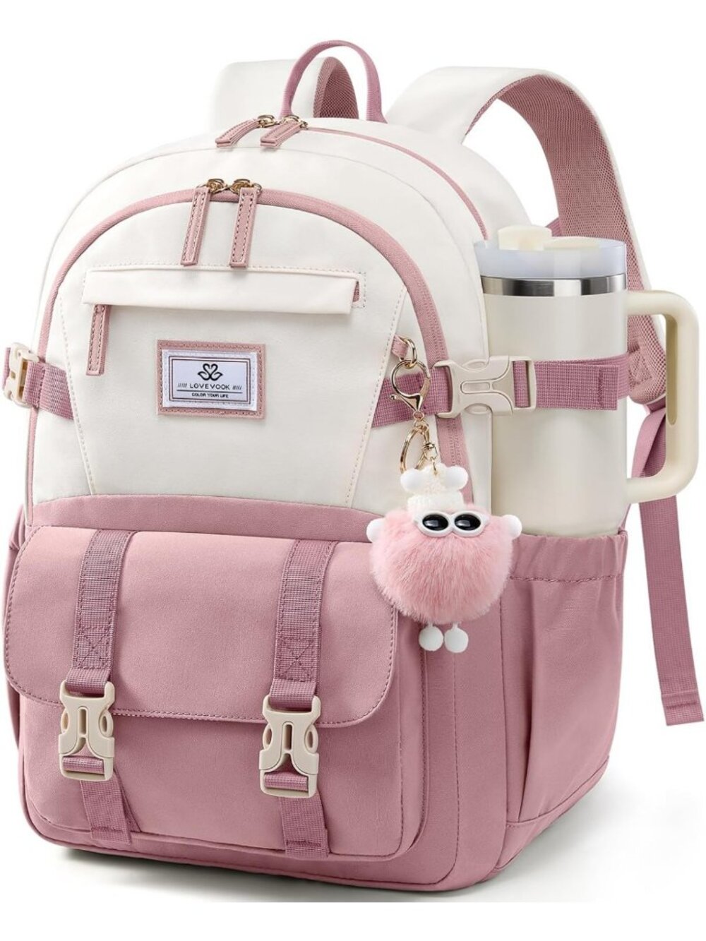 Cute Pink-Beige School Backpack for Teen Girls, 17.3" Bookbag for Middle & High